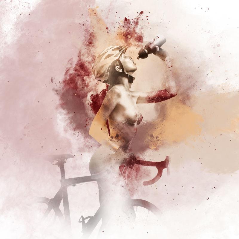 女子带着自行车喝水水彩画