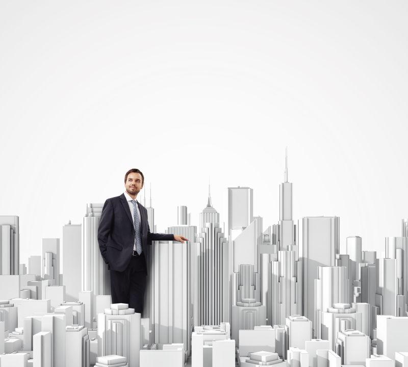 城市建筑模型中的西装商人