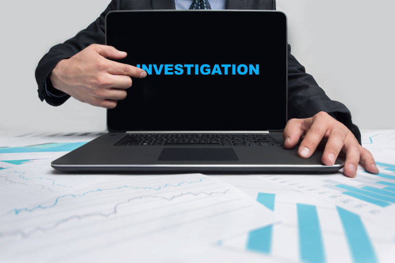 商人指着笔记本电脑屏幕调查字母