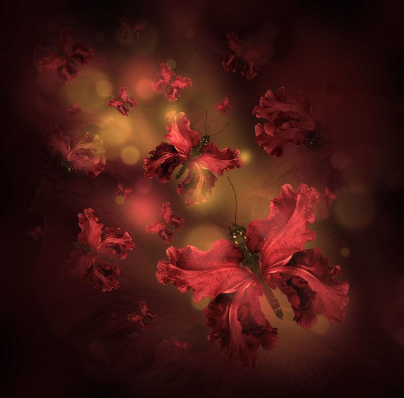 深色模糊背景上拥有花朵翅膀的蝴蝶