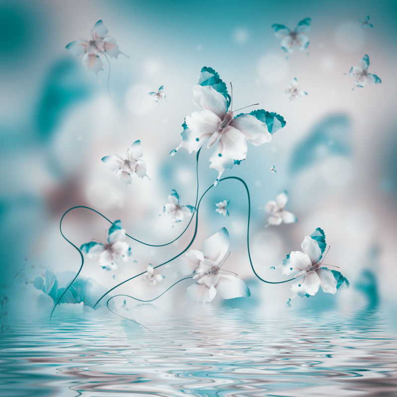 水波背景上拥有花朵翅膀的蝴蝶