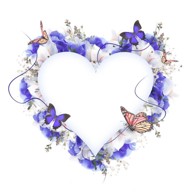 白色背景中的紫色心型花环和蝴蝶