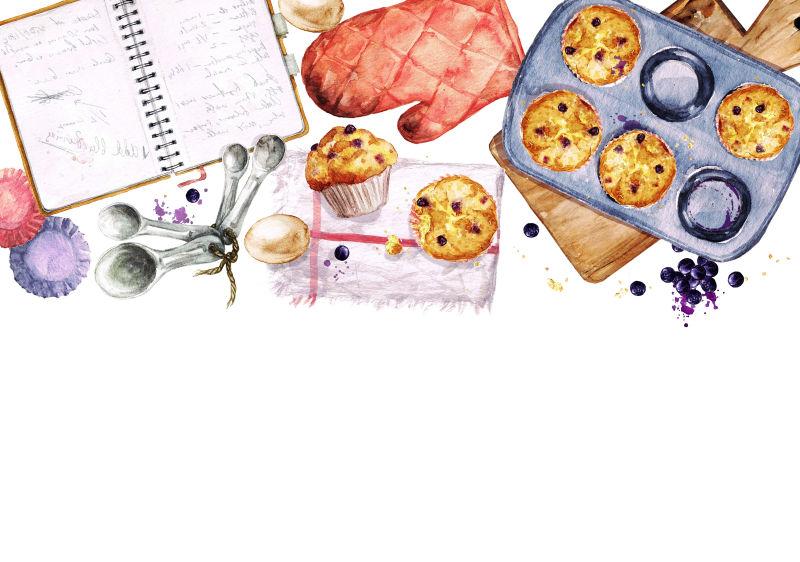 烘焙蓝莓松饼水彩画