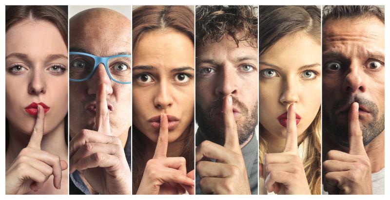 不同人的不准说话的面部表情拼贴