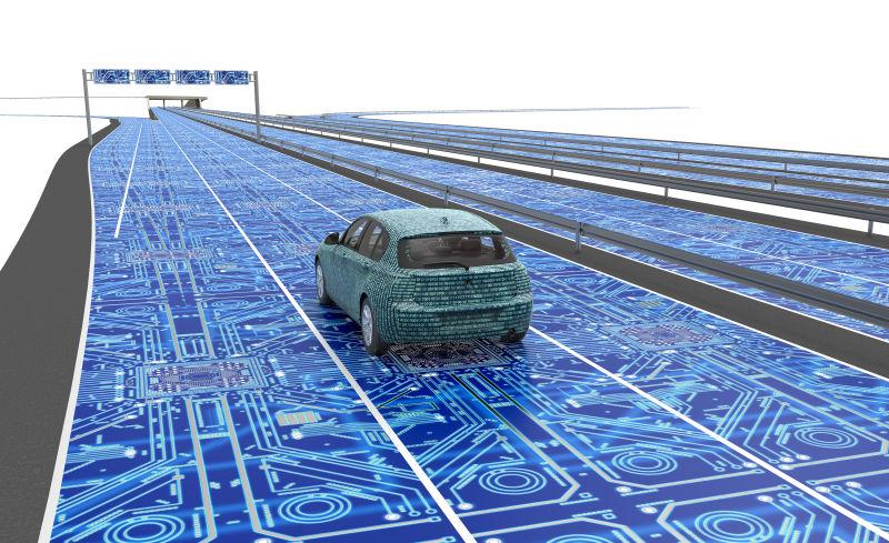 道路上自驾车电子计算机车的三维插图