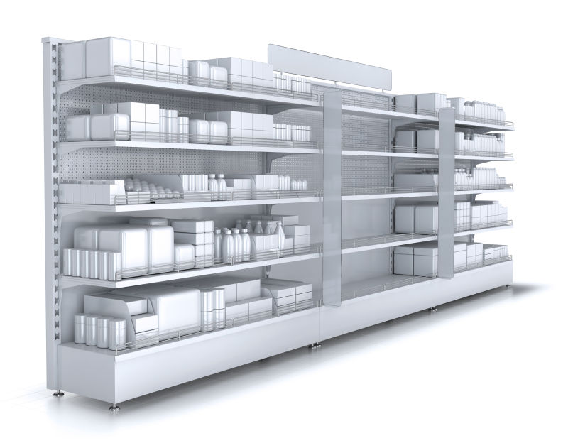 白色背景上堆着货物的3d货架