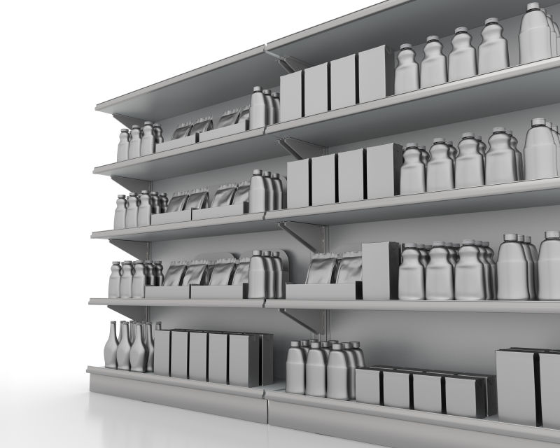 白色背景上堆满商品的3d货架