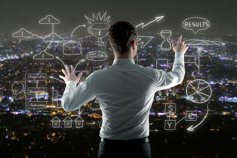 商家在夜市背景下管理抽象商业素描