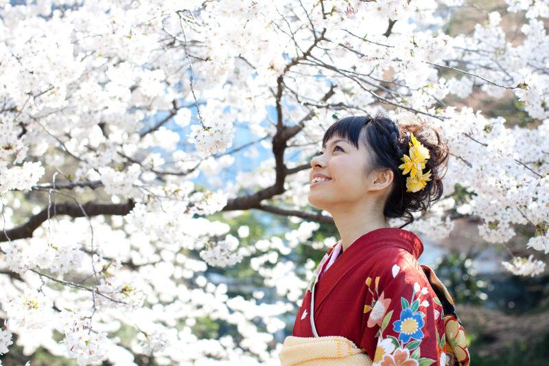 日本女人樱花树下微笑图片 白色樱花树下微笑的日本和服女人素材 高清图片 摄影照片 寻图免费打包下载