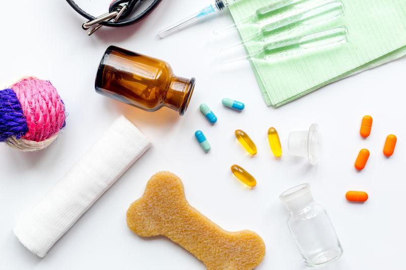 白色背景下的宠物治疗药品和护理工具