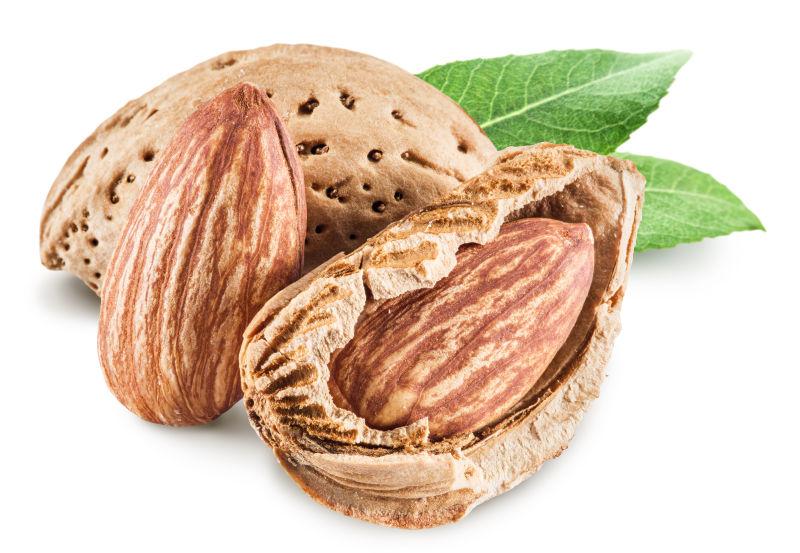 绿色叶子边的美味杏仁