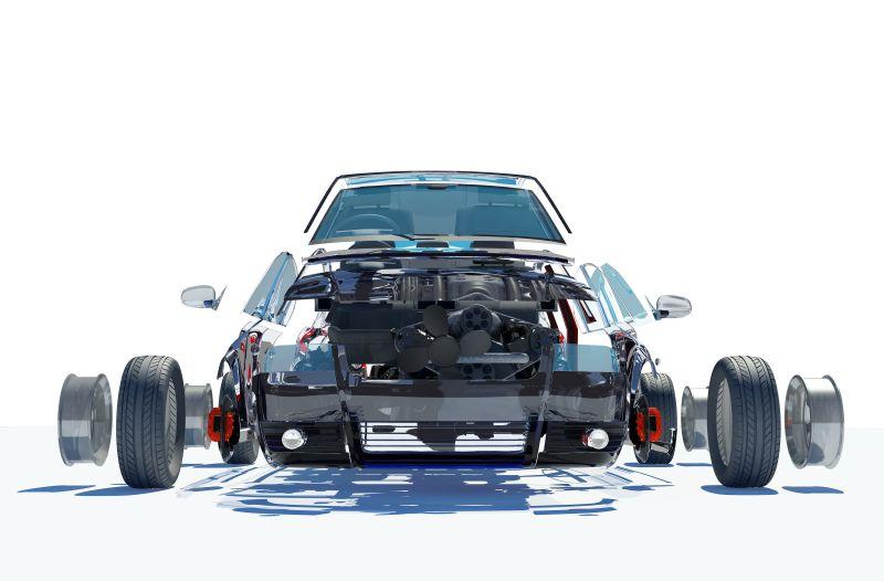 白色背景下的拆装汽车