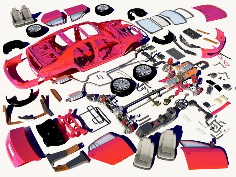 白色背景下的汽车上的零件