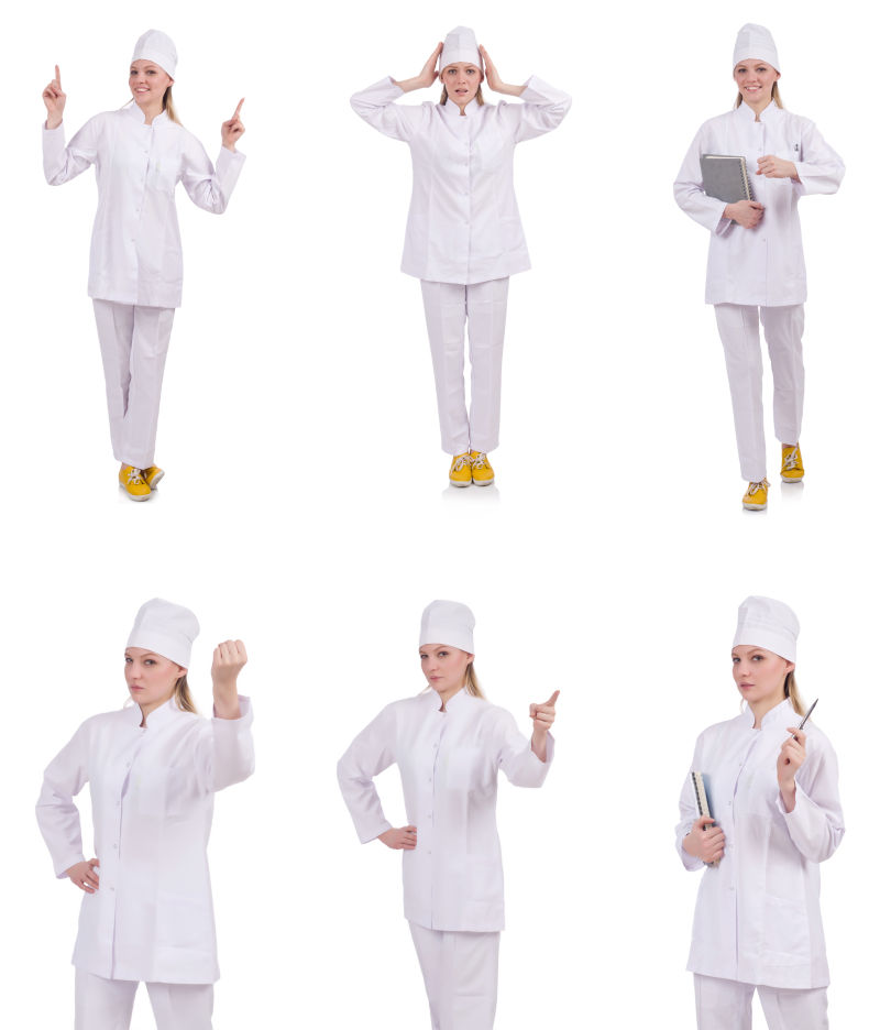 白色背景下穿着白色衣服的女医生