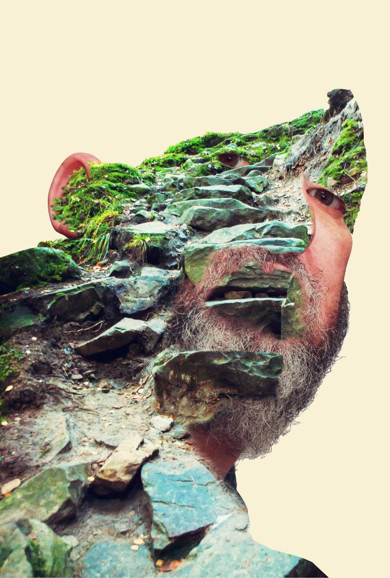 石山小路和有胡须的男人的双重曝光