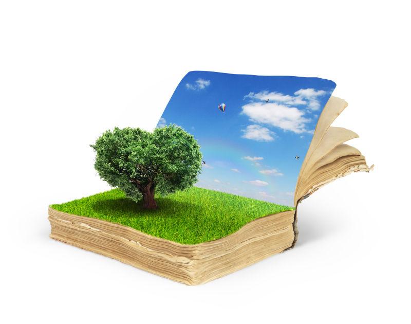 白色背景中书中的草地蓝天概念