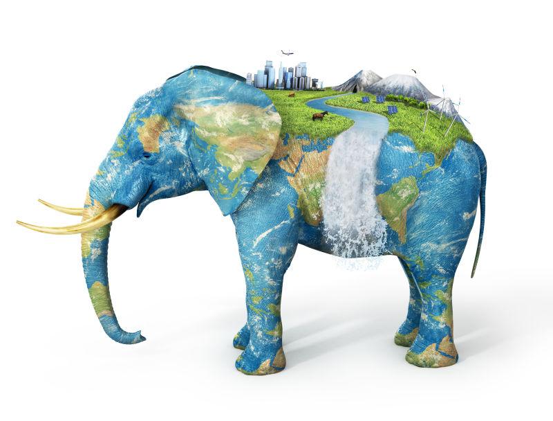 白色背景来城市的纹理大象背上孤立的城市