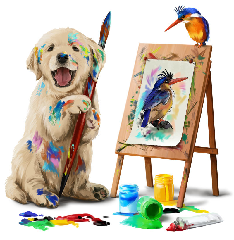 画画的小狗水彩画图片 正在画画的小狗水彩画素材 高清图片 摄影照片 寻图免费打包下载