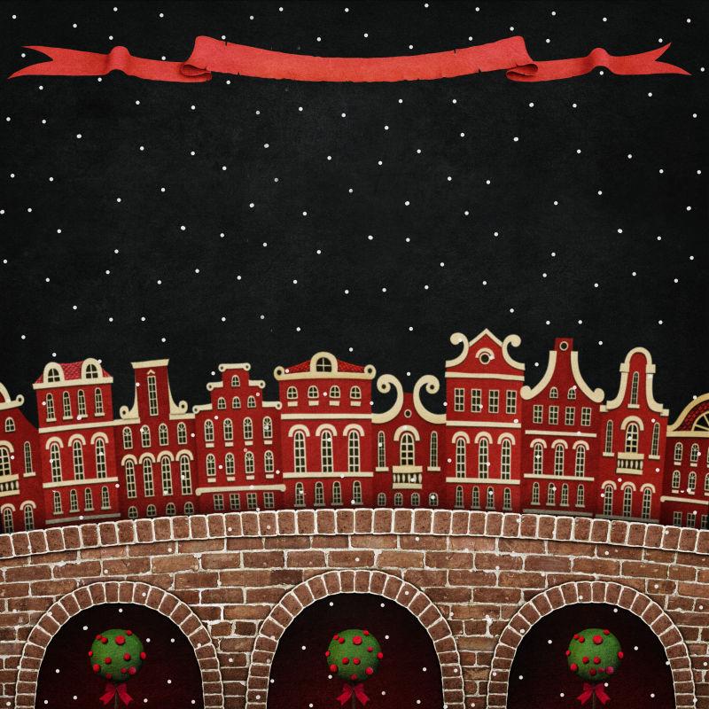 红色冬城桥圣诞或新年贺卡