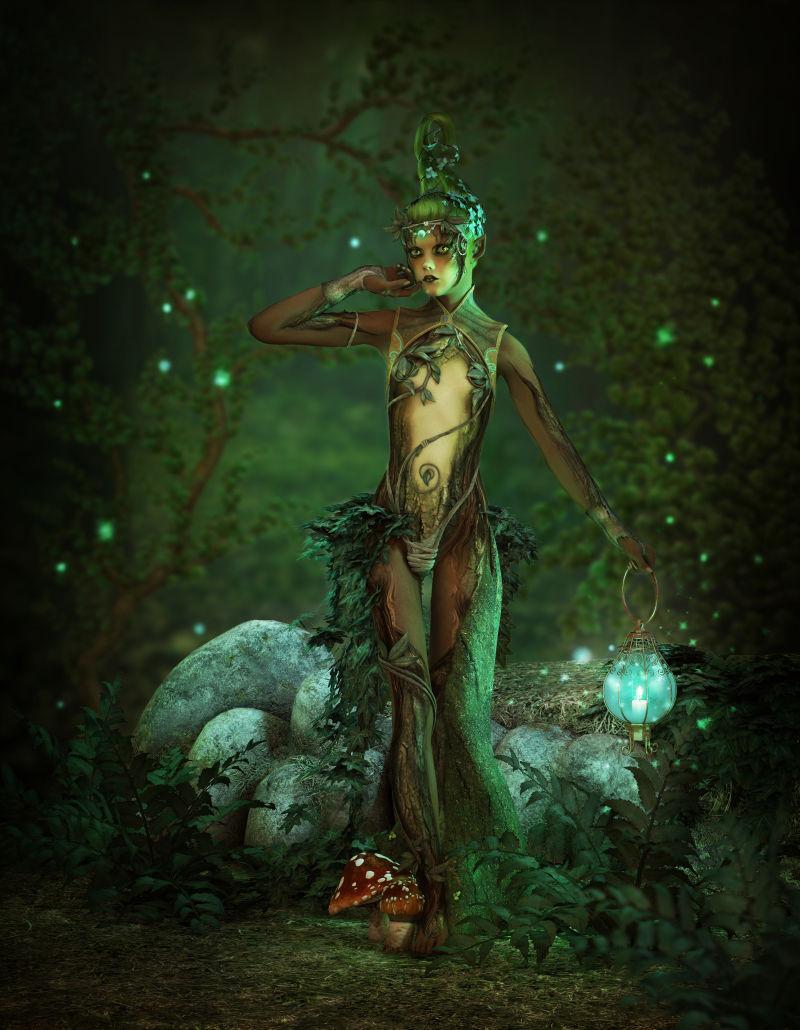 森林精灵带着灯笼