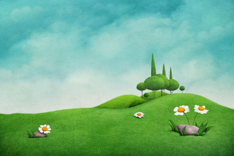 长着鲜花的春季山坡插图