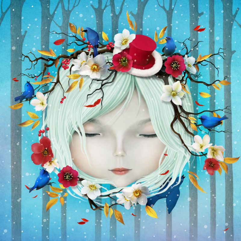 卡通女孩脸上长者美丽的花卉