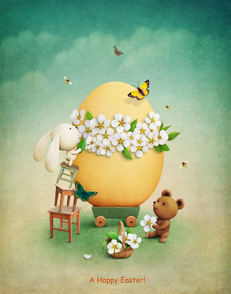 装饰复活节彩蛋的兔子和小熊