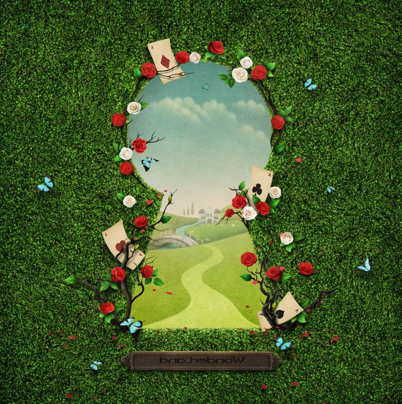 钥匙孔形状的窗户边装饰着美丽的鲜花