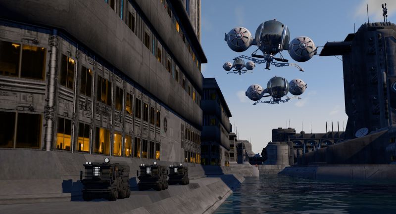 未来的水上城市景观的三维渲染图