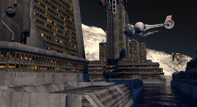 未来水上城市景观的三维渲染图