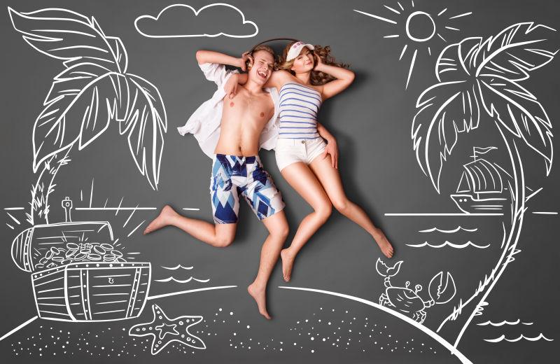 粉笔画背景中的一个浪漫的夫妇在荒岛上听音乐