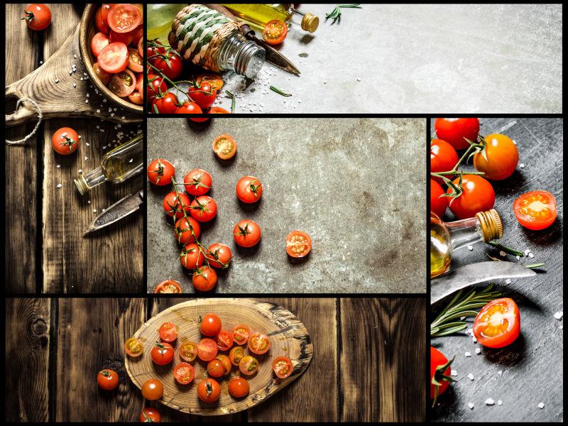 木桌上的新鲜番茄拼贴