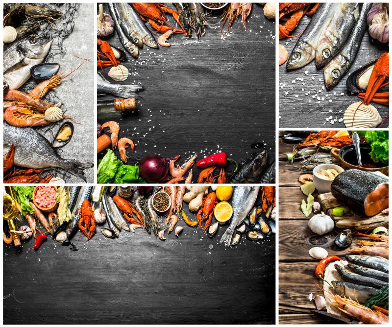 各种海鲜食材和香料的拼贴