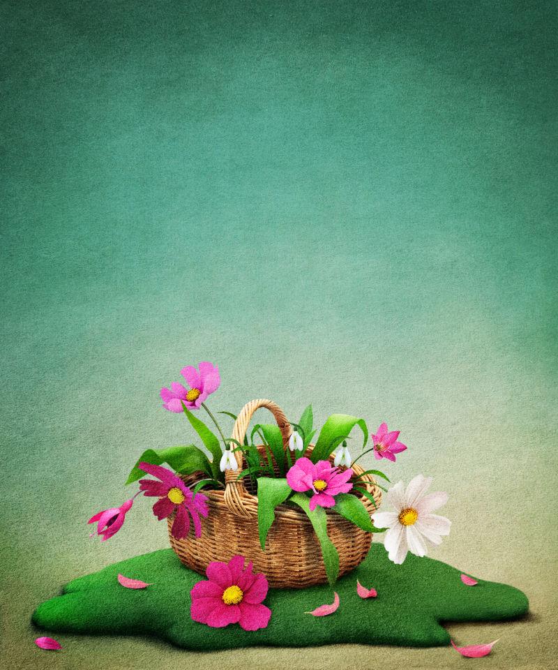 绿草地上美丽的花篮