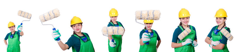 白色背景美女粉刷工