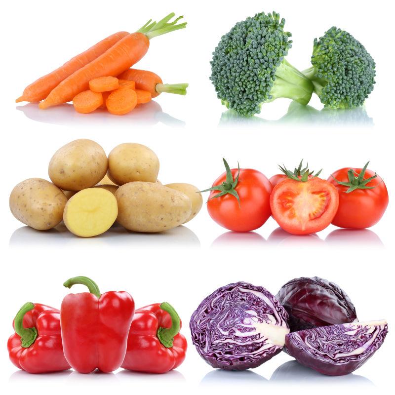 白色背景上的番茄土豆胡萝卜胡萝卜辣椒等蔬菜