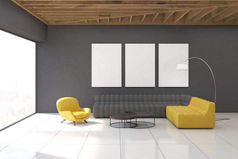 灰色客厅内有黄色和灰色的沙发