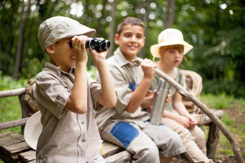 绿色树立背景下在野外探险的开心的孩子们