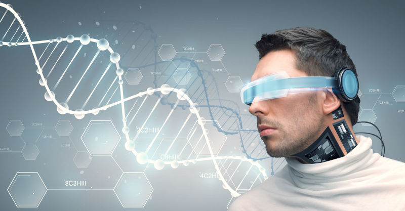 男人戴着未来3D眼镜和传感器的