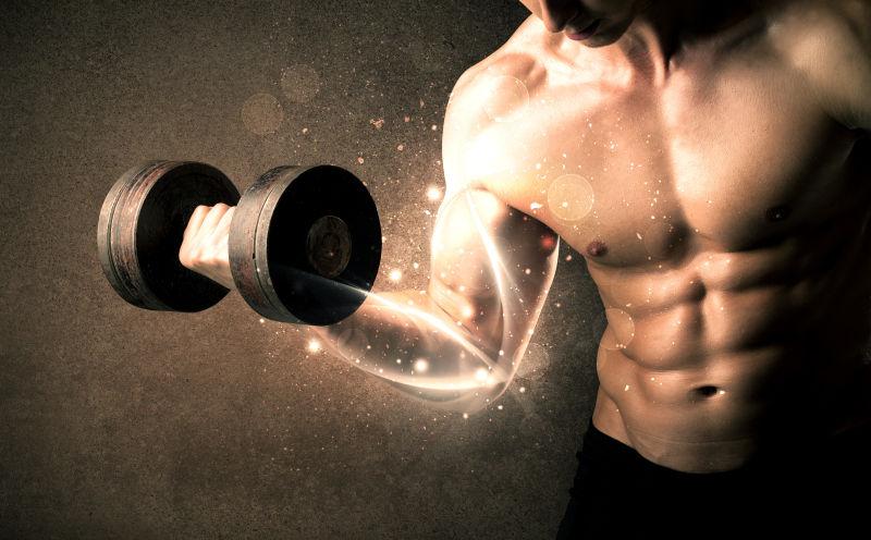 健美运动员举哑铃与能量白线概念