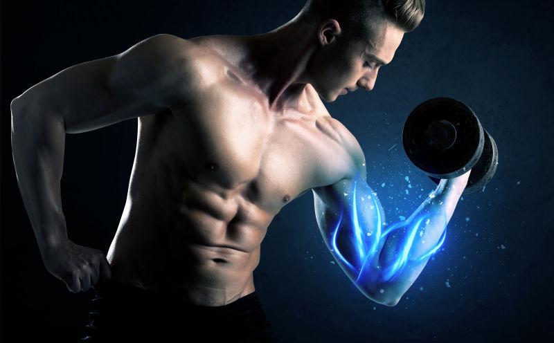 运动员用发光的蓝色肌肉举哑铃