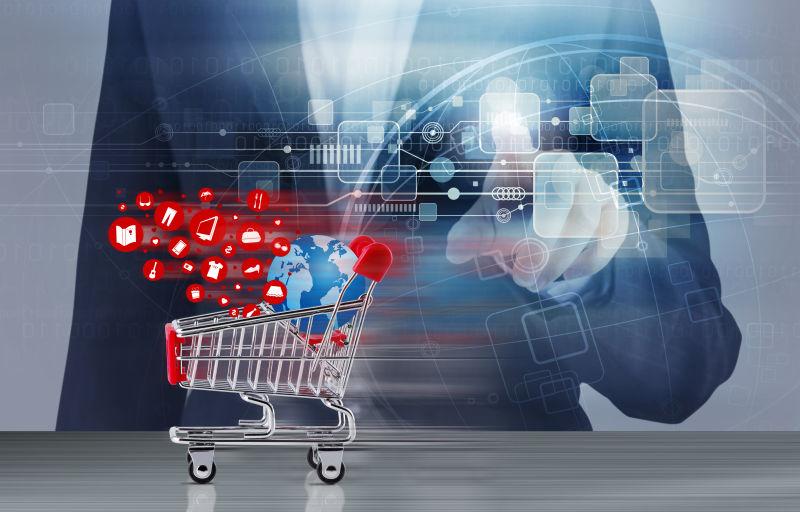 网购购物车概念与商务女性触控