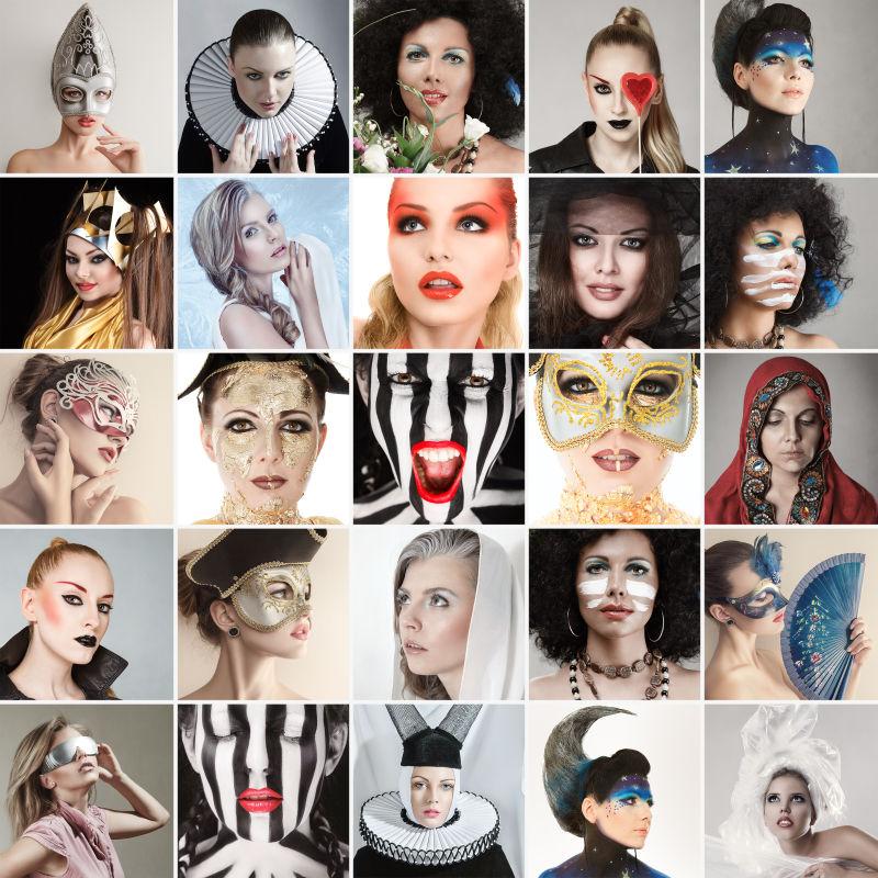 白色背景上的去化装舞会的女人们面部表情拼贴