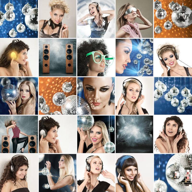 化了妆戴着耳机听歌跳舞的不同人们拼贴