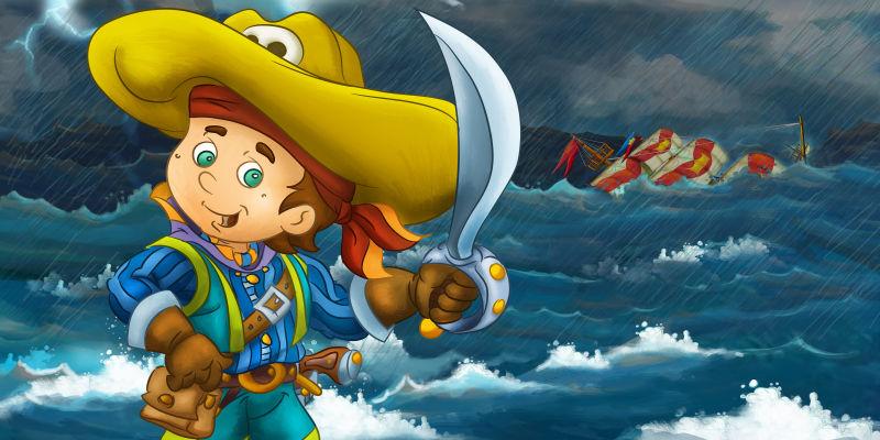 卡通快乐海盗在木船前