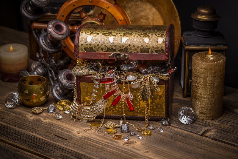 木制背景首饰盒宝藏