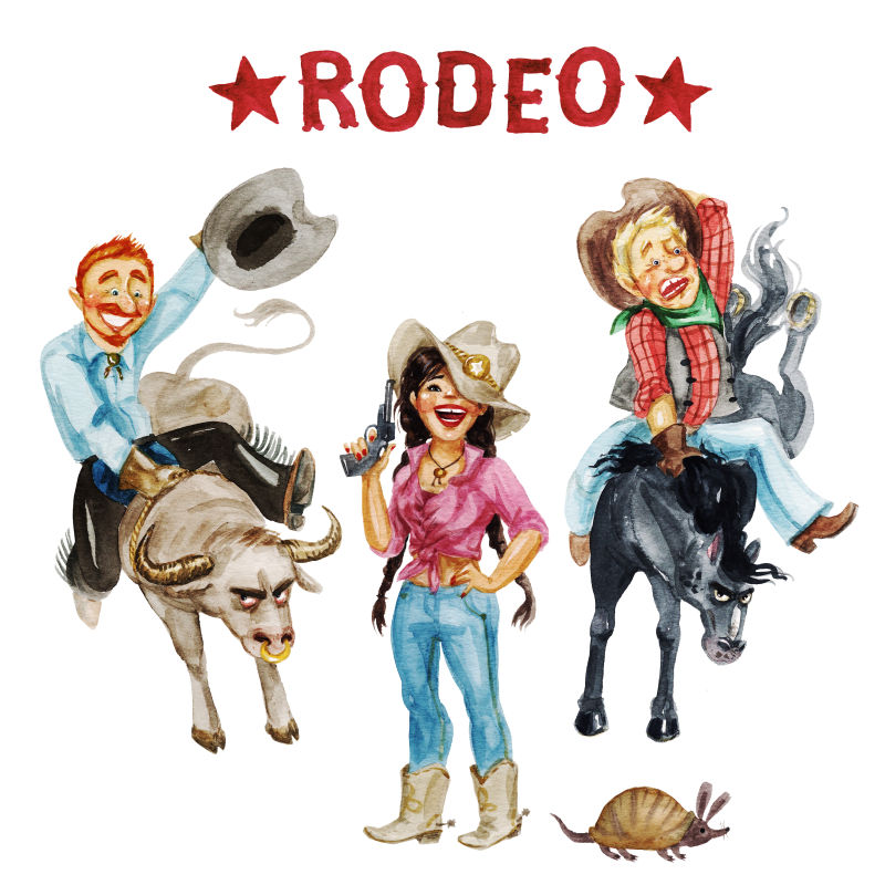 白色背景上的卡通西部牛仔和动物还有西部美女