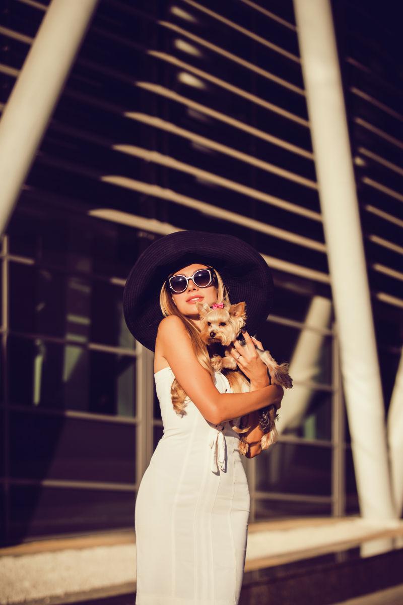 抱着宠物小狗的带着太阳眼镜的美女