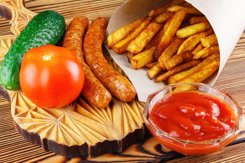 桌子上的香肠薯条和蔬菜