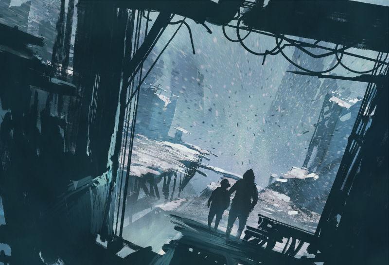 男人和男孩站在暴风雨中眺望毁灭的城市